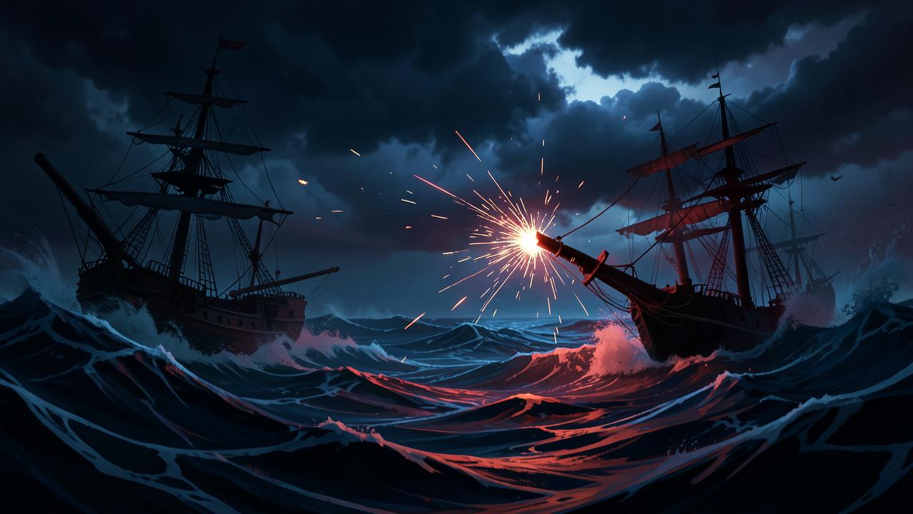 Espaço reservado para print do jogo: ilustração de batalha naval em alto-mar