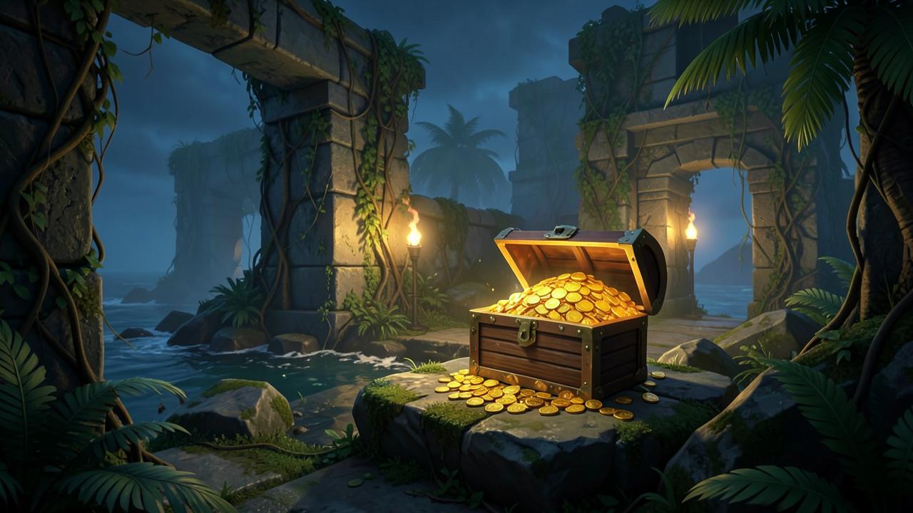 Espaço reservado para print do jogo: ilustração de ruínas com baú de tesouro